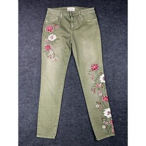 Driftwood Jackie Embroidered Ankle Jeans Women's 28 Olive Green Slim Fit Floral